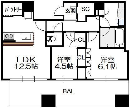 パークタワー北浜 36階 2LDKの間取り図