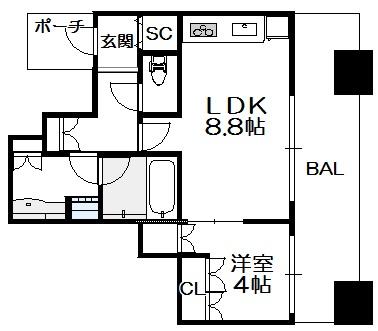 パークタワー北浜 4階 1LDKの間取り図
