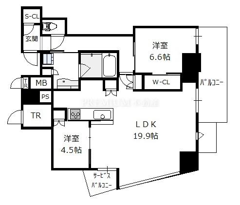 プラウドタワー北浜 35階 2LDKの間取り図