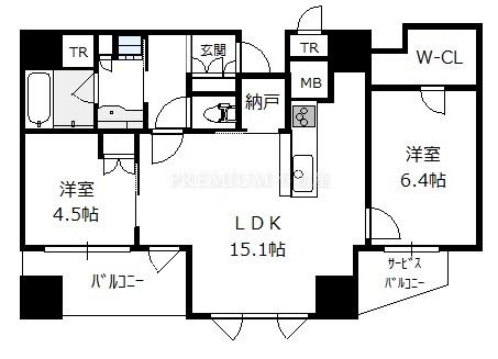 プラウドタワー北浜 37階 2LDKの間取り図