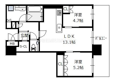 ブランズタワー梅田 North 19階 2LDKの間取り図