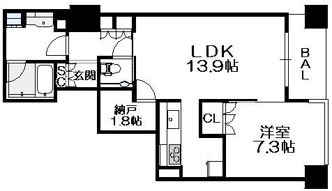 ブランズタワー大阪備後町 28階 1LDKの間取り図
