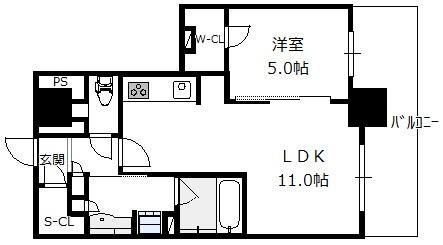 ブランズタワー御堂筋本町 4階 1LDKの間取り図