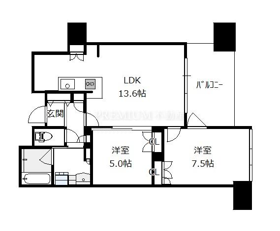 ブランズタワー南堀江 6階 2LDKの間取り図