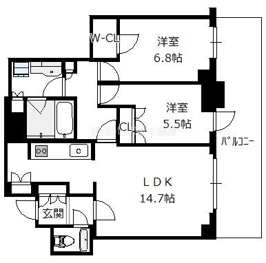 プレミストタワー大阪新町ローレルコート 37階 2LDKの間取り図