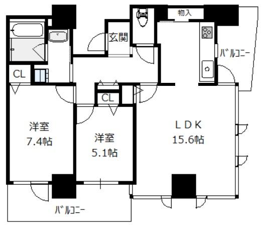 クロスレジデンス大阪新町 17階 2LDKの間取り図
