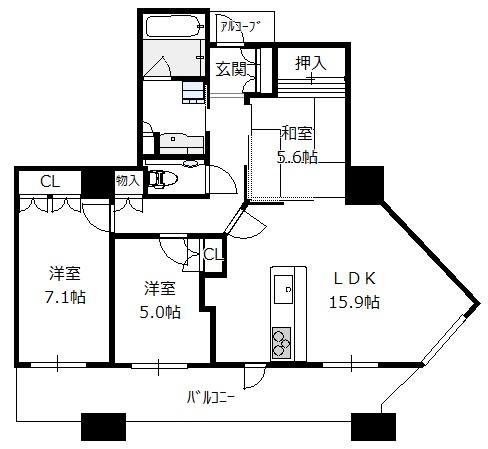 上本町ヒルズマーク 34階 3LDKの間取り図