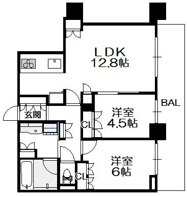 レジデンス梅田ローレルタワー 18階 2LDKの間取り図