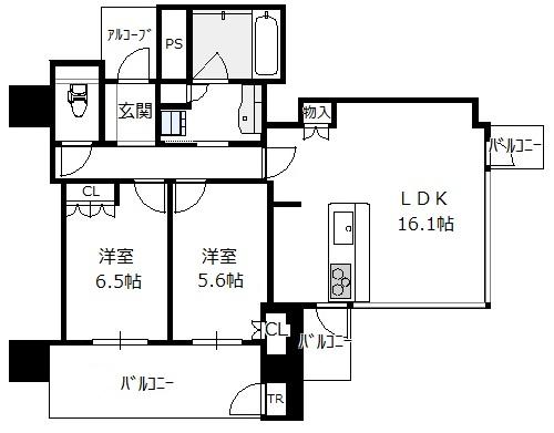 ローレルタワー夕陽丘 イーストレジデンス 3階 2LDKの間取り図