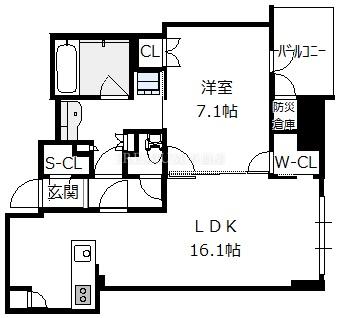クラッシィタワー靱公園 13階 1LDKの間取り図