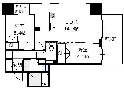 クラッシィタワー靱公園 4階 2LDKの間取り図