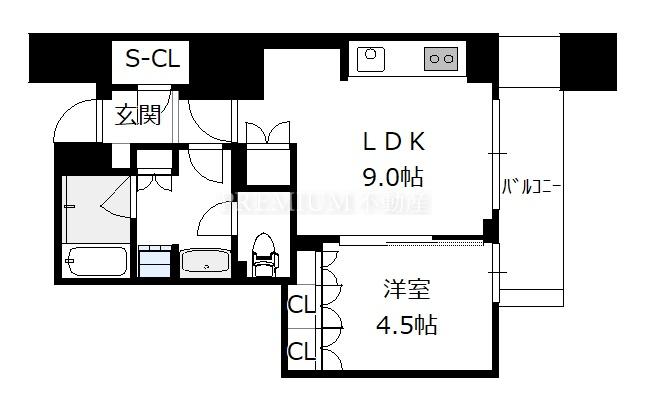 プレミストタワー靱本町 16階 1LDKの間取り図