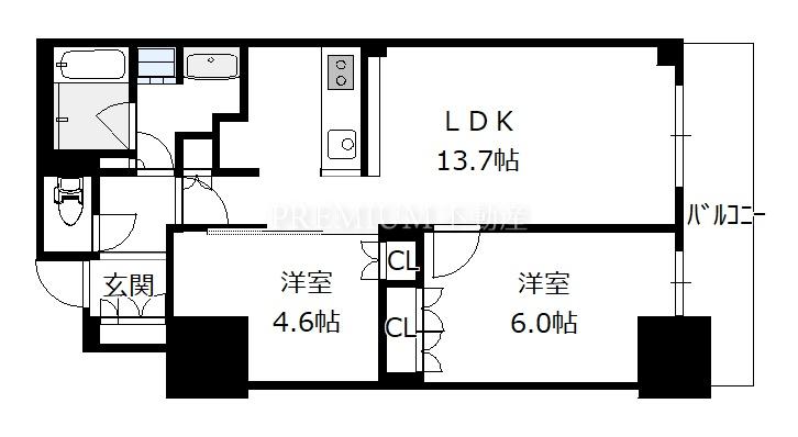 プレミストタワー靱本町 6階 2LDKの間取り図