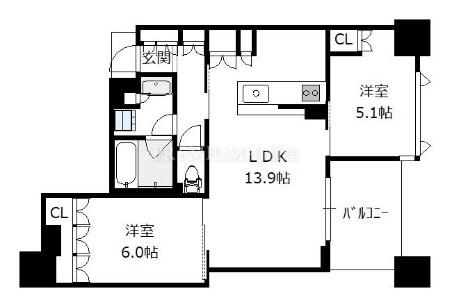 ウエリスタワー京町堀 6階 2LDKの間取り図