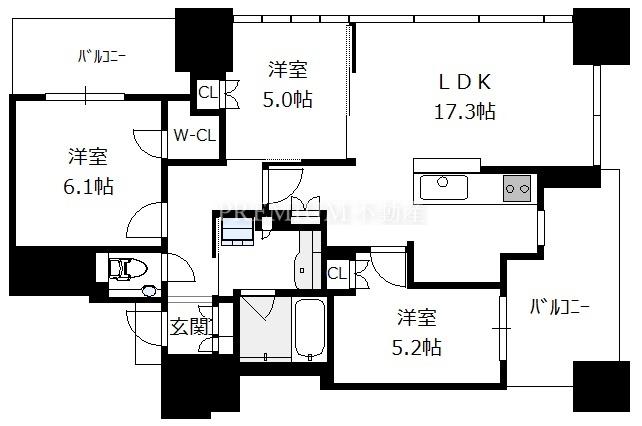 THE CROSS CITY TOWER 11階 3LDKの間取り図
