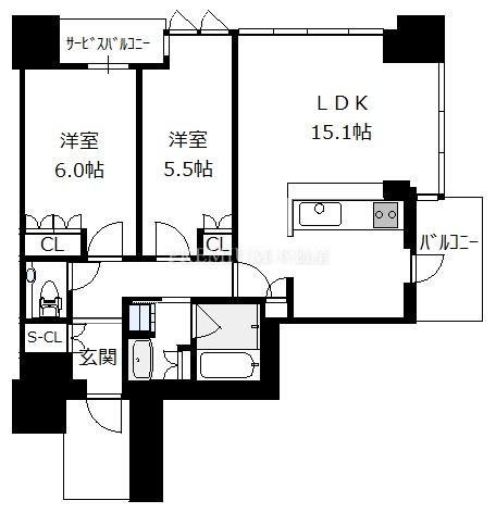 THE FINE TOWER 大阪肥后桥 9階 2LDKの間取り図