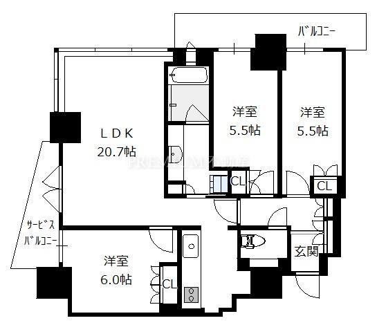 リバーガーデンタワー 上町台筆ヶ崎 18階 3LDKの間取り図