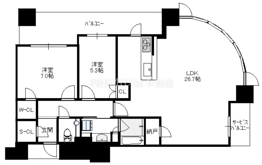 シエリアタワー中之島 階 2LDKの間取り図