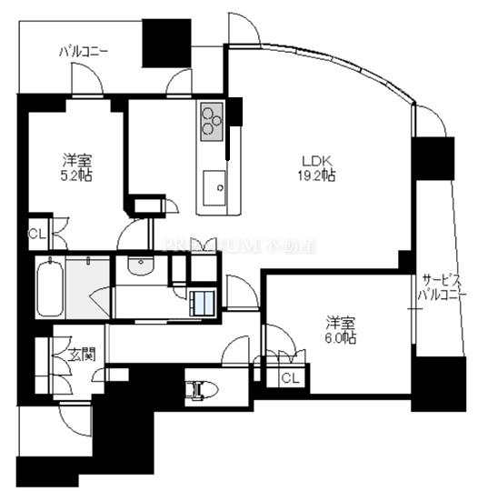 ブランズタワー大阪梅田 16階 2LDKの間取り図