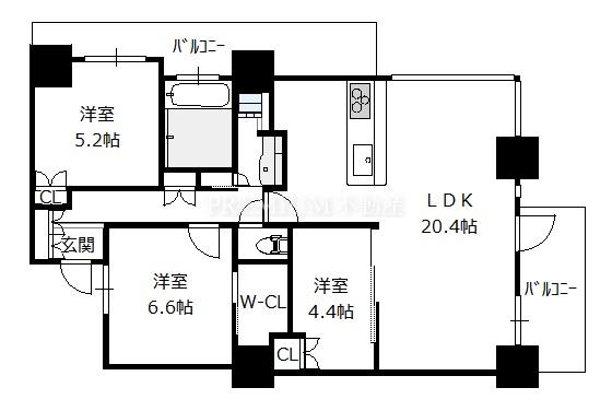 大阪福島タワー 38階 3LDKの間取り図