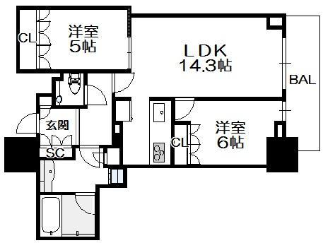 ザ・セントラルマークタワー 13階 2LDKの間取り図