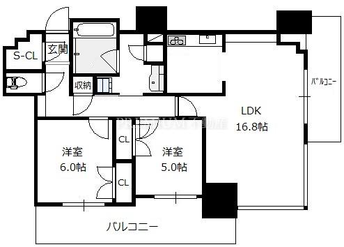 アデニウムタワー梅田イーストスクエア 16階 2LDKの間取り図