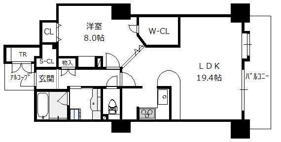 ジーニス大阪ウエスト棟 32階 1LDKの間取り図