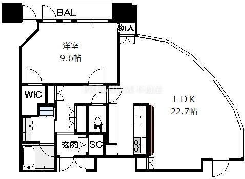 シティタワー大阪 44階 1LDKの間取り図