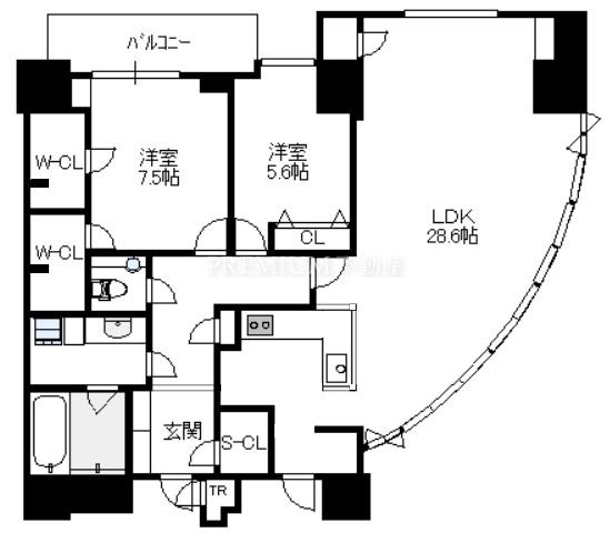 シティタワー大阪 13階 2LDKの間取り図