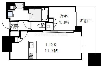 シティタワー大阪本町 33階 1LDKの間取り図