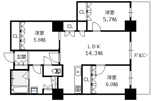 阿波座ライズタワーズ フラッグ46 10階 3LDKの間取り図